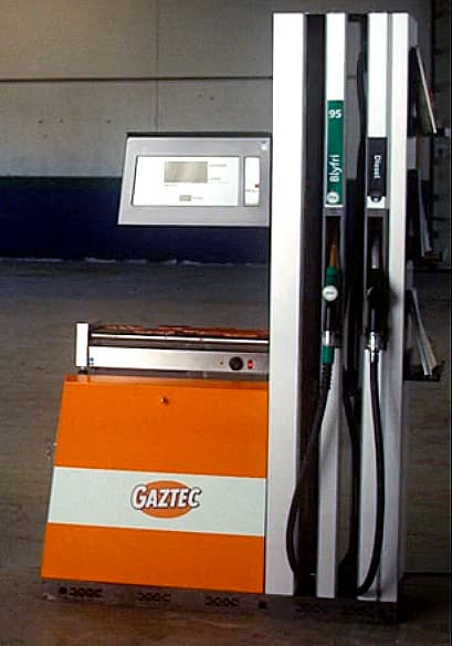 Side view of a petrol pump with Gaztec branding in an indoor location.
