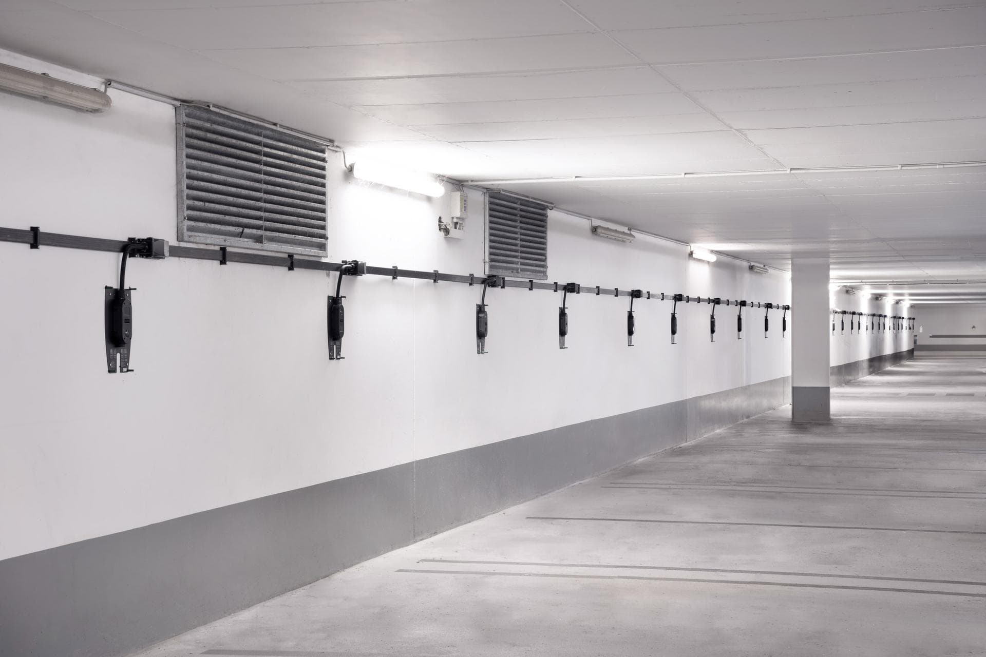 A flat cable installation with charging stations. In garage.