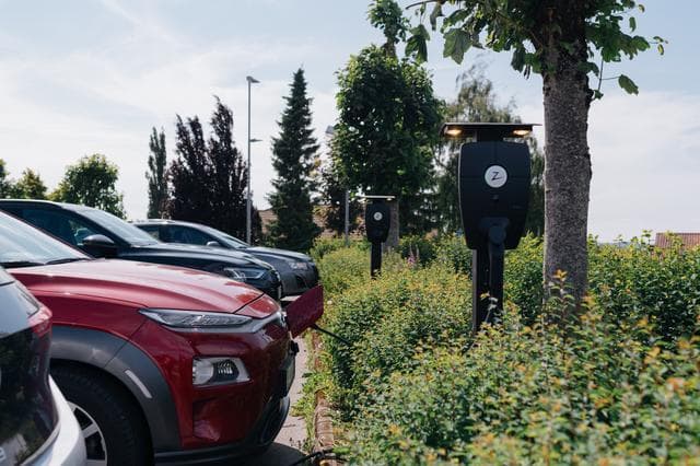 parkering med låga grönskande buskar och enstaka träd vid kanten, i buskarna närmast intill parkeringen sitter Zaptec Pro laddare monterade på laddstolpar, flera bilar i olika färger står parkerade och några av dem laddar.